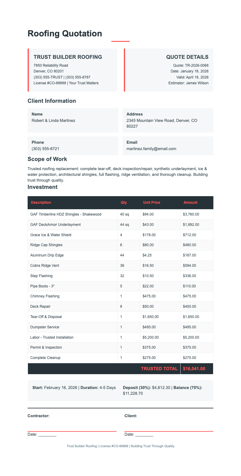 Trust builder roofing quotation